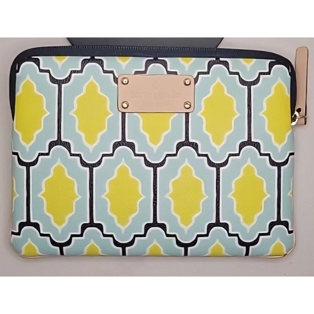 EUC Kate Spade Geometric Tablet Sleeve Pouch Teal Yellow Scallop Padded Gold Zip